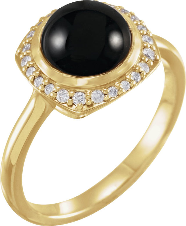14K Gold Round Natural Black Onyx & Natural Diamond Halo-Style Cabochon Ring - Yellow Gold