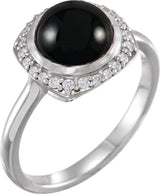 Platinum Round Natural Black Onyx & Natural Diamond Halo-Style Cabochon Ring
