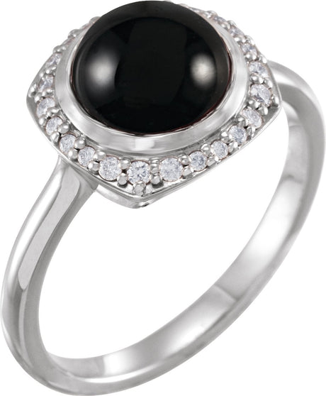 Platinum Round Natural Black Onyx & Natural Diamond Halo-Style Cabochon Ring