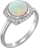 14K Gold Round Natural Ethiopian Opal & Natural Diamond Halo-Style Cabochon Ring - White Gold