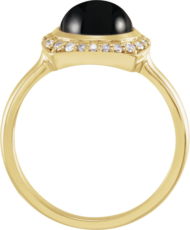 14K Gold Round Natural Black Onyx & Natural Diamond Halo-Style Cabochon Ring - Yellow Gold - view 2