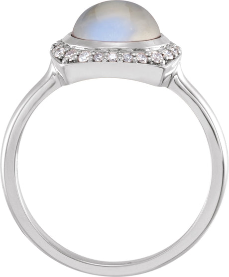 Platinum Round Natural Rainbow Moonstone & Natural Diamond Halo-Style Cabochon Ring - view 2