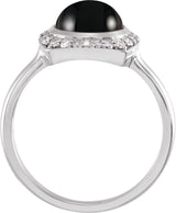 14K Gold Round Natural Black Onyx & Natural Diamond Halo-Style Cabochon Ring - White Gold - view 2