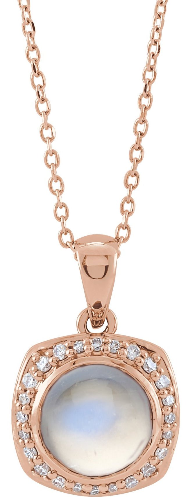 14K Gold Round Natural Rainbow Moonstone & Natural Diamond Cabochon Halo-Style Necklace or Pendant - Rose Gold
