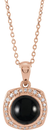 14K Gold Round Natural Black Onyx & Natural Diamond Cabochon Halo-Style Necklace or Pendant - Rose Gold