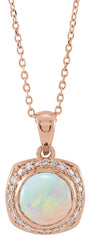 14K Gold Round Natural Ethiopian Opal & Natural Diamond Cabochon Halo-Style Necklace or Pendant - Rose Gold