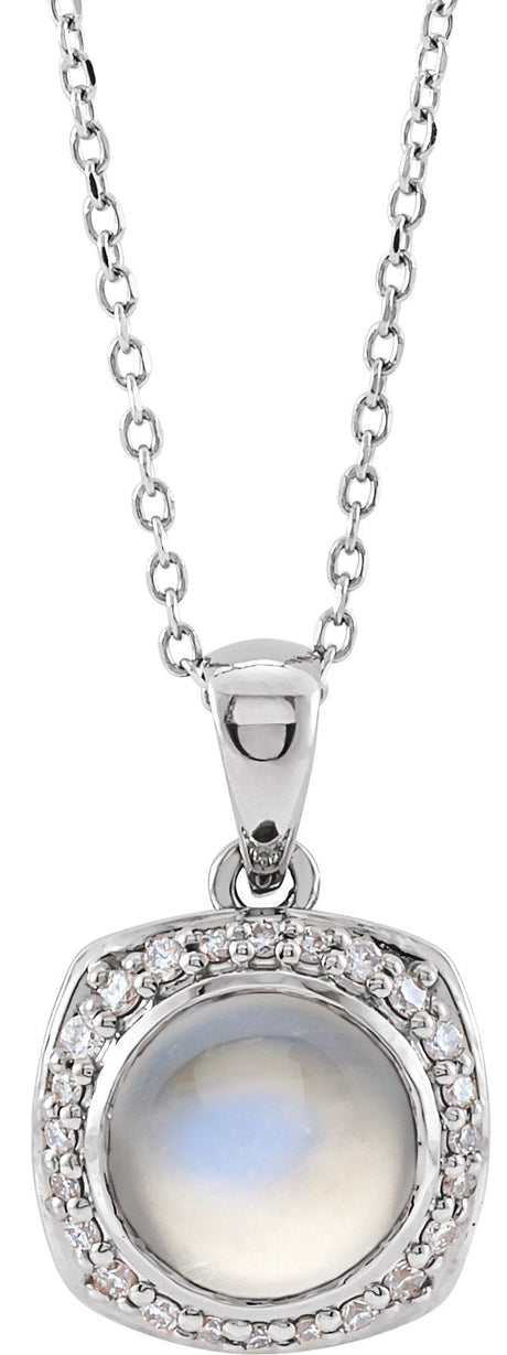 Platinum Round Natural Rainbow Moonstone & Natural Diamond Cabochon Halo-Style Necklace or Pendant