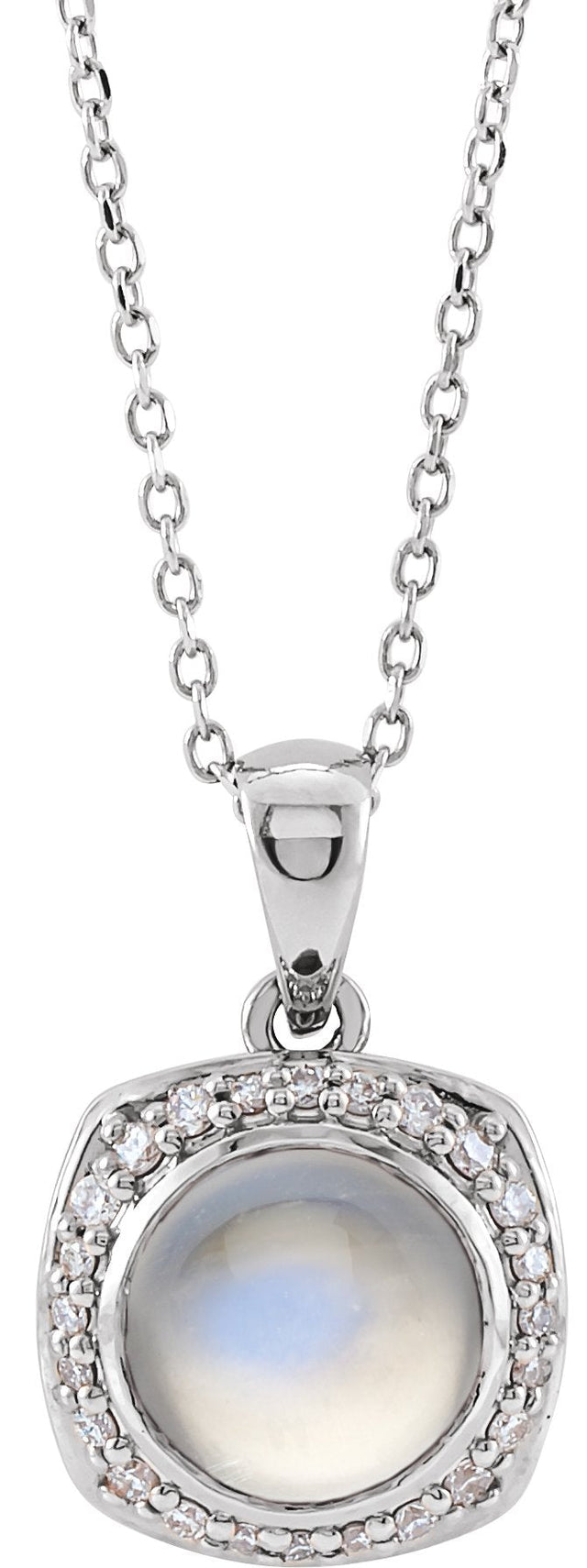 Platinum Round Natural Rainbow Moonstone & Natural Diamond Cabochon Halo-Style Necklace or Pendant