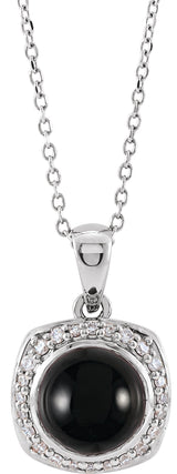 Platinum Round Natural Black Onyx & Natural Diamond Cabochon Halo-Style Necklace or Pendant