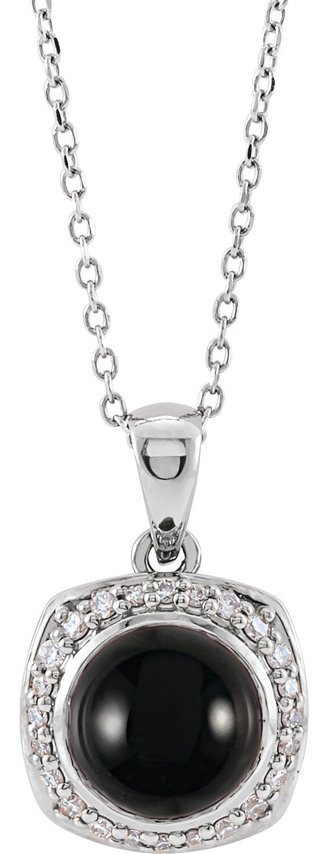 Platinum Round Natural Black Onyx & Natural Diamond Cabochon Halo-Style Necklace or Pendant