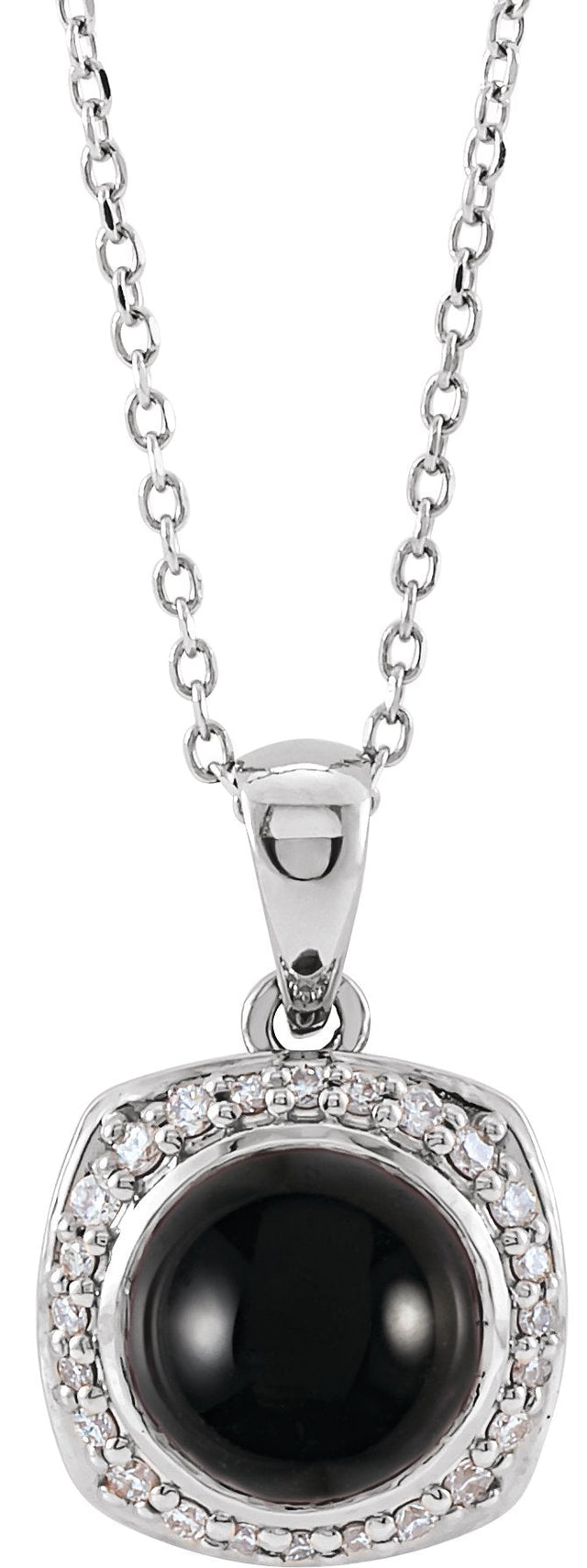 Platinum Round Natural Black Onyx & Natural Diamond Cabochon Halo-Style Necklace or Pendant