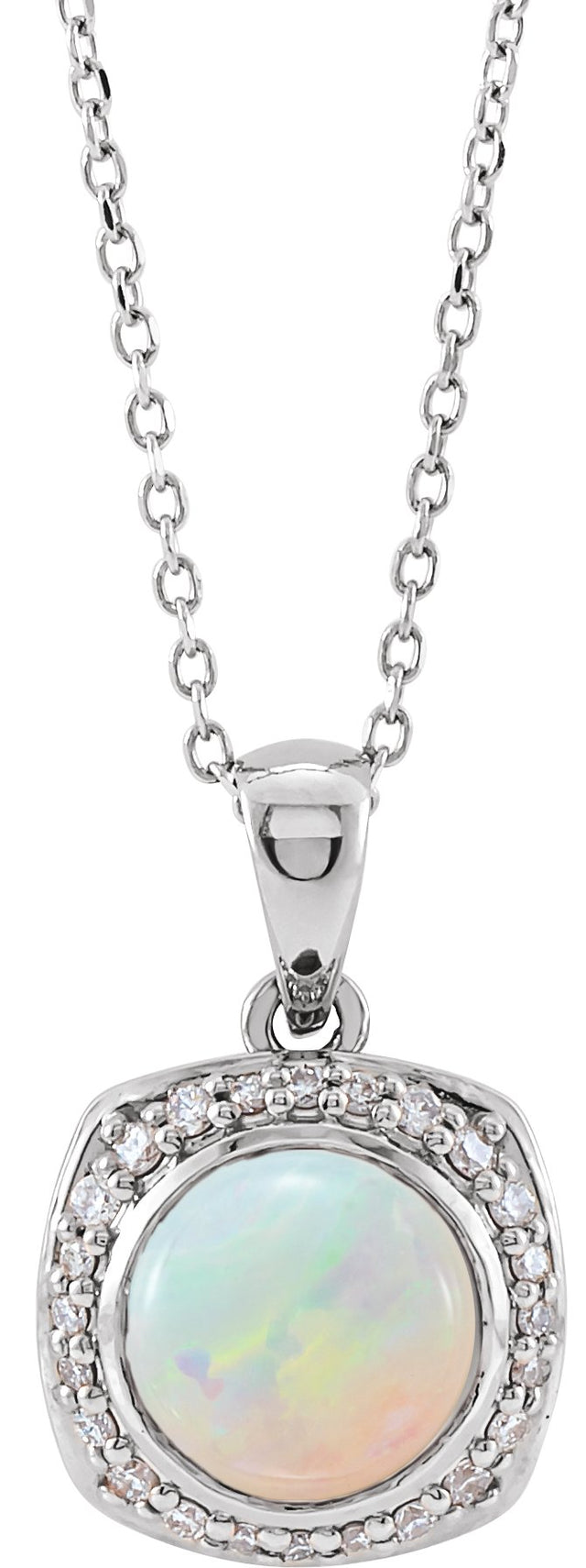 Platinum Round Natural Ethiopian Opal & Natural Diamond Cabochon Halo-Style Necklace or Pendant
