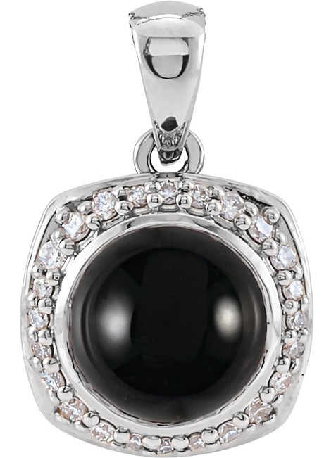 Platinum Round Natural Black Onyx & Natural Diamond Cabochon Halo-Style Necklace or Pendant
