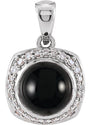 Platinum Round Natural Black Onyx & Natural Diamond Cabochon Halo-Style Necklace or Pendant