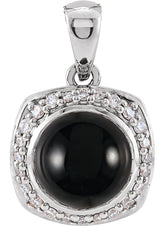 14K Gold Round Natural Black Onyx & Natural Diamond Cabochon Halo-Style Necklace or Pendant - White Gold