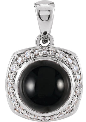 14K Gold Round Natural Black Onyx & Natural Diamond Cabochon Halo-Style Necklace or Pendant - White Gold