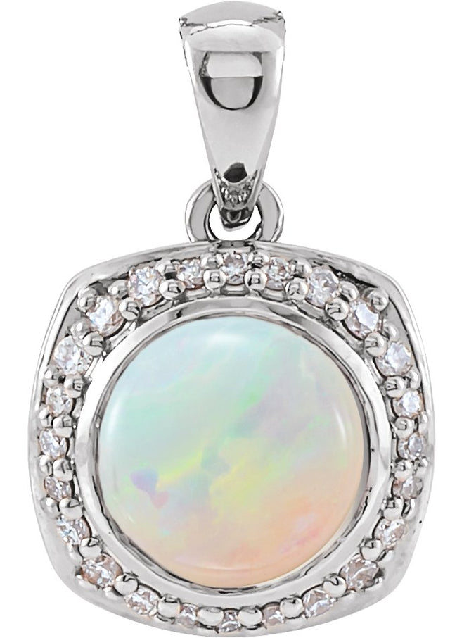 14K Gold Round Natural Ethiopian Opal & Natural Diamond Cabochon Halo-Style Necklace or Pendant - White Gold