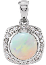 Platinum Round Natural Ethiopian Opal & Natural Diamond Cabochon Halo-Style Necklace or Pendant