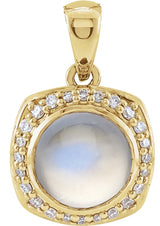 14K Gold Round Natural Rainbow Moonstone & Natural Diamond Cabochon Halo-Style Necklace or Pendant - Yellow Gold