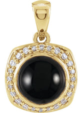 14K Gold Round Natural Black Onyx & Natural Diamond Cabochon Halo-Style Necklace or Pendant - Yellow Gold