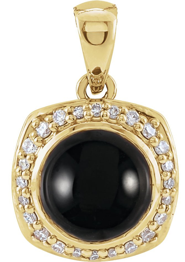 14K Gold Round Natural Black Onyx & Natural Diamond Cabochon Halo-Style Necklace or Pendant - Yellow Gold