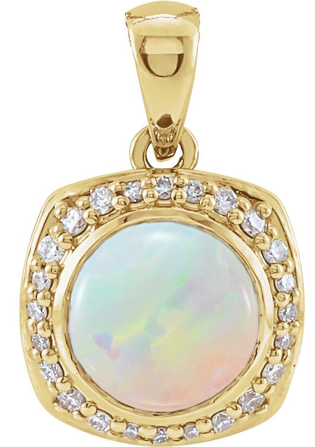 14K Gold Round Natural Ethiopian Opal & Natural Diamond Cabochon Halo-Style Necklace or Pendant - Yellow Gold