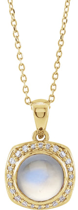 14K Gold Round Natural Rainbow Moonstone & Natural Diamond Cabochon Halo-Style Necklace or Pendant - Yellow Gold