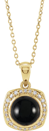 14K Gold Round Natural Black Onyx & Natural Diamond Cabochon Halo-Style Necklace or Pendant - Yellow Gold