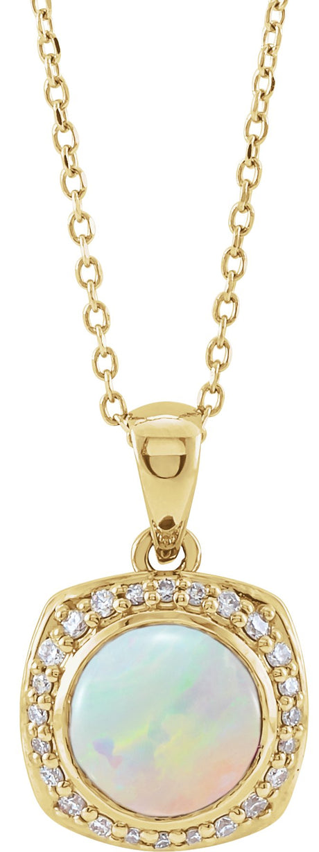 14K Gold Round Natural Ethiopian Opal & Natural Diamond Cabochon Halo-Style Necklace or Pendant - Yellow Gold