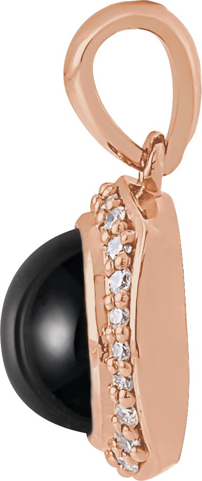 14K Gold Round Natural Black Onyx & Natural Diamond Cabochon Halo-Style Necklace or Pendant - Rose Gold - view 2