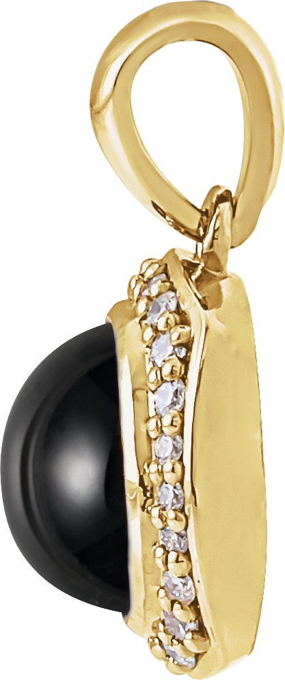 14K Gold Round Natural Black Onyx & Natural Diamond Cabochon Halo-Style Necklace or Pendant - Yellow Gold - view 2