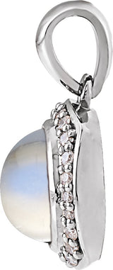 Platinum Round Natural Rainbow Moonstone & Natural Diamond Cabochon Halo-Style Necklace or Pendant - view 2