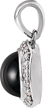 Platinum Round Natural Black Onyx & Natural Diamond Cabochon Halo-Style Necklace or Pendant - view 2