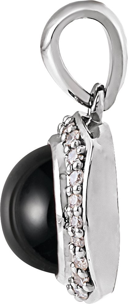 Platinum Round Natural Black Onyx & Natural Diamond Cabochon Halo-Style Necklace or Pendant - view 2