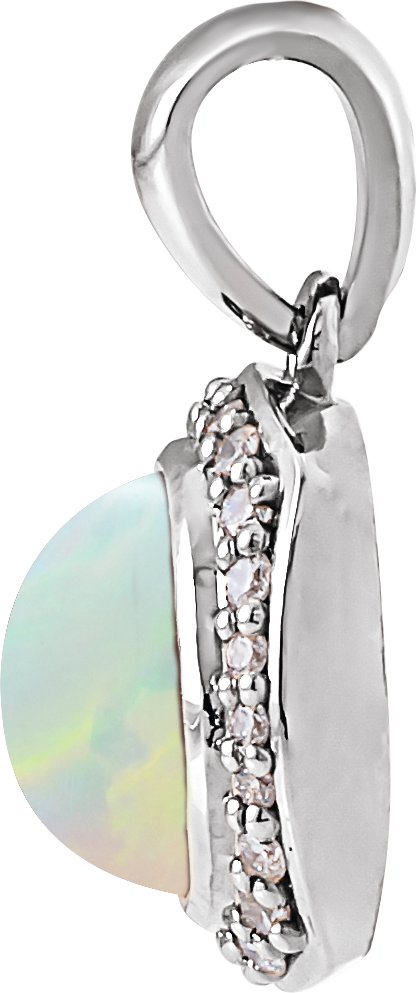 14K Gold Round Natural Ethiopian Opal & Natural Diamond Cabochon Halo-Style Necklace or Pendant - White Gold - view 2