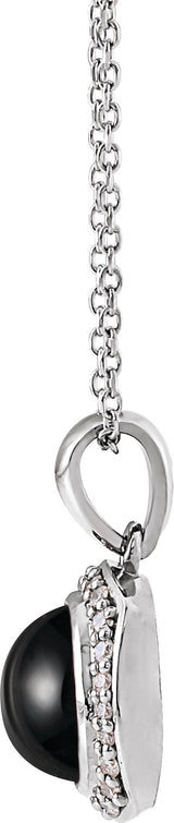 14K Gold Round Natural Black Onyx & Natural Diamond Cabochon Halo-Style Necklace or Pendant - White Gold - view 2