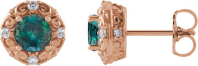 14K Gold Lab-Grown Alexandrite & Natural Diamond Round 4-Prong Halo-Style Earrings – 4-6mm Stones - Rose Gold