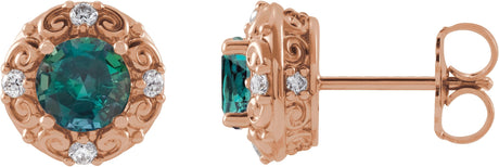 14K Gold Lab-Grown Alexandrite & Natural Diamond Round 4-Prong Halo-Style Earrings – 4-6mm Stones - Rose Gold