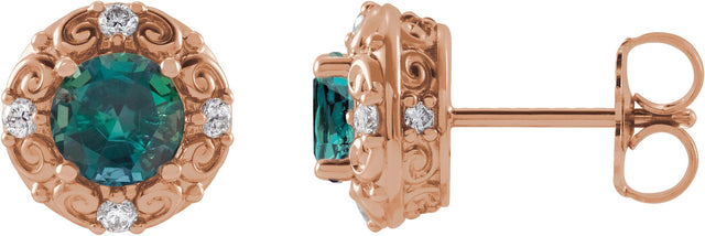 14K Gold Lab-Grown Alexandrite & Natural Diamond Round 4-Prong Halo-Style Earrings – 4-6mm Stones - Rose Gold