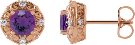 14K Gold Natural Amethyst & Natural Diamond Round 4-Prong Halo-Style Earrings – 4-6mm Stones - Rose Gold