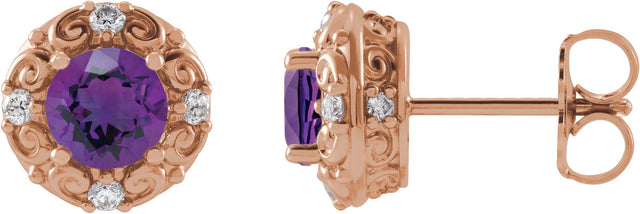 14K Gold Natural Amethyst & Natural Diamond Round 4-Prong Halo-Style Earrings – 4-6mm Stones - Rose Gold