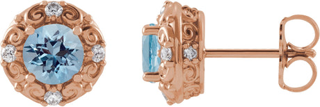 14K Gold Natural Aquamarine & Natural Diamond Round 4-Prong Halo-Style Earrings – 4-6mm Stones - Rose Gold