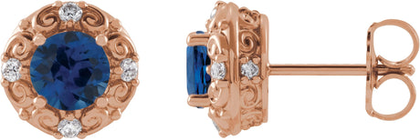 14K Gold Natural Blue Sapphire & Natural Diamond Round 4-Prong Halo-Style Earrings – 4-6mm Stones - Rose Gold