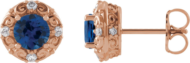 14K Gold Natural Blue Sapphire & Natural Diamond Round 4-Prong Halo-Style Earrings – 4-6mm Stones - Rose Gold