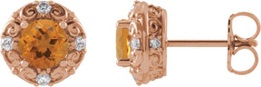 14K Gold Natural Citrine & Natural Diamond Round 4-Prong Halo-Style Earrings – 4-6mm Stones - Rose Gold