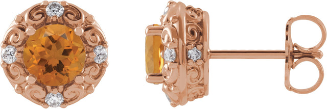 14K Gold Natural Citrine & Natural Diamond Round 4-Prong Halo-Style Earrings – 4-6mm Stones - Rose Gold