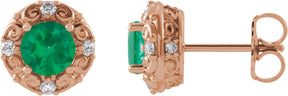 14K Gold Lab-Grown Emerald & Natural Diamond Round 4-Prong Halo-Style Earrings – 4-6mm Stones - Rose Gold