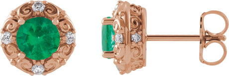 14K Gold Lab-Grown Emerald & Natural Diamond Round 4-Prong Halo-Style Earrings – 4-6mm Stones - Rose Gold