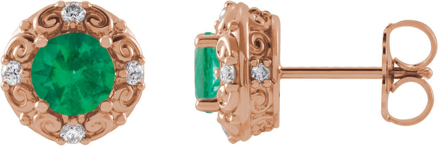 14K Gold Lab-Grown Emerald & Natural Diamond Round 4-Prong Halo-Style Earrings – 4-6mm Stones - Rose Gold