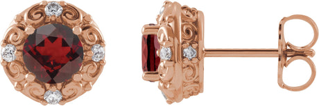 14K Gold Natural Mozambique Garnet & Natural Diamond Round 4-Prong Halo-Style Earrings – 4-6mm Stones - Rose Gold